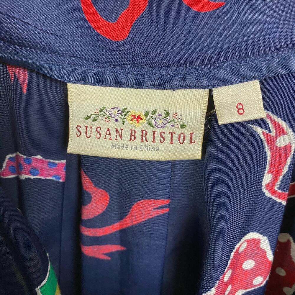 Susan Bristol Vintage Two Piece Blue&Multi Bow Print Blouse&Skirt Sz.8 - Picture 8 of 14